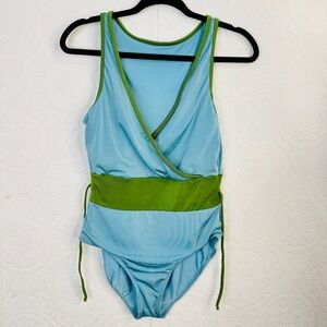 Vtg 90's Newport News One Piece Swimsuit Women's Sz 16 Blue Green Y2K Sun Streak